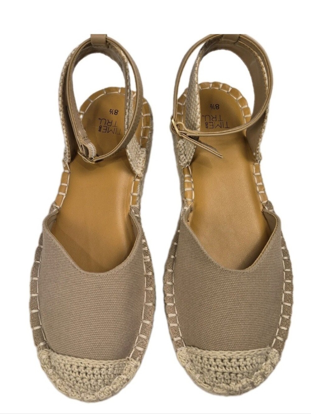 Espadrilles Beige Canvas Sz 8.5 Ankle Strap Close Toe Cushion Insole NWOB